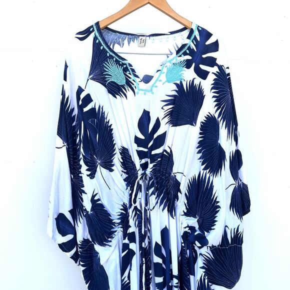 Caftan Maxi Dress Cover-Up Kaftan Long Blue White Floral Large Lightweight - Picture 5 of 9